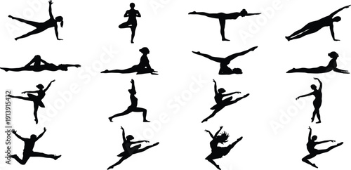 Dynamic dance silhouettes, athletic yoga poses, graceful ballet movements, fitness flexibility training, isolated black figures on white background studio collection
