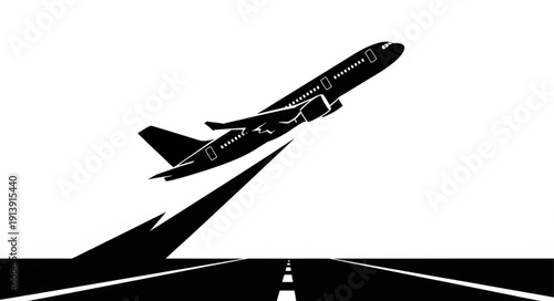 Airplane taking off from runway with dramatic shadow.