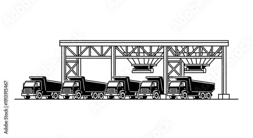 Industrial trucks loading cargo under a large metal gantry structure.