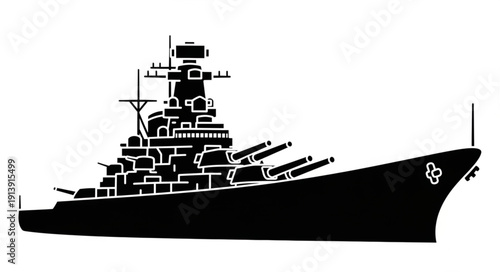 Black silhouette of a battleship with guns and turrets on a white background.