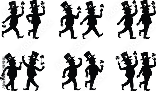 Leprechaun silhouettes set for St. Patricks Day, Irish folklore characters with top hats and shamrocks, festive clover celebration vector, holiday. (21 words)