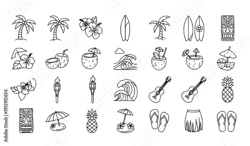 Minimalist Hawaii Vector Icon Set Hand Drawn Tropical Symbols Collection