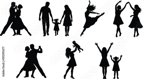 Family and dancing people silhouettes set, couple dance and parent child vector collection isolated on white background