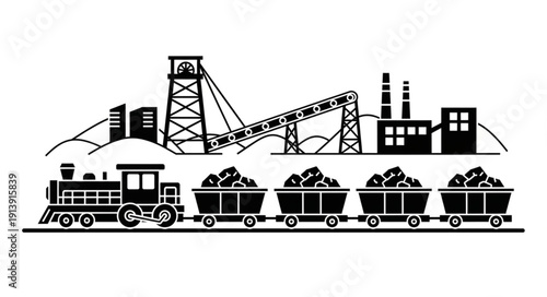 Industrial mining scene with train transporting coal.