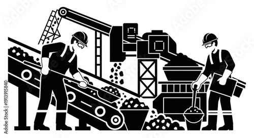 Industrial workers processing materials on a conveyor belt.