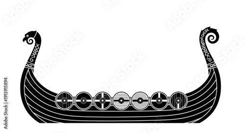Viking longship illustration with ornate prow and stern.