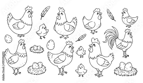 Whimsical Hand Drawn Chicken and Hen Vector Icon Set for Farm Illustrations