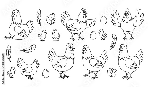Flat Cartoon Hen and Chicken Vector Pack Hand Drawn Farm Birds Collection