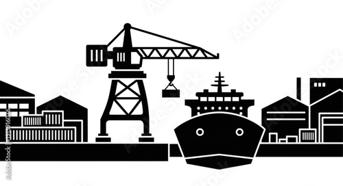 Industrial harbor with cargo ship and cranes.