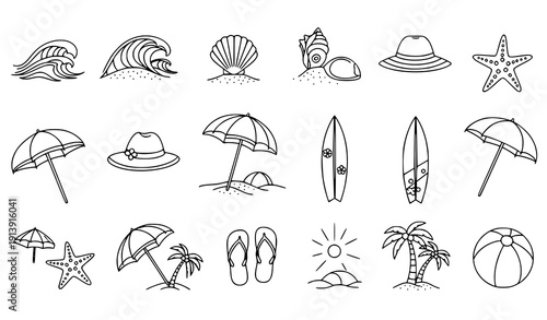 Minimalist Beach Icon Set Hand Drawn Coastal Vector Symbols Collection
