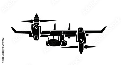 Black and white illustration of a twin-engine propeller aircraft viewed from below.