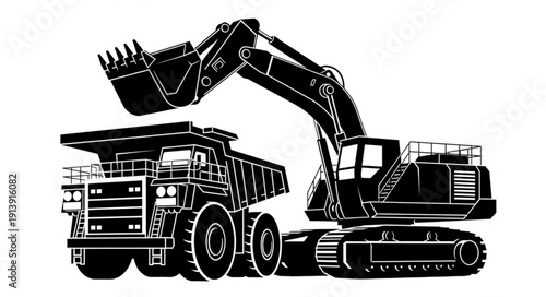 Heavy Machinery Excavator and Dump Truck Illustration.