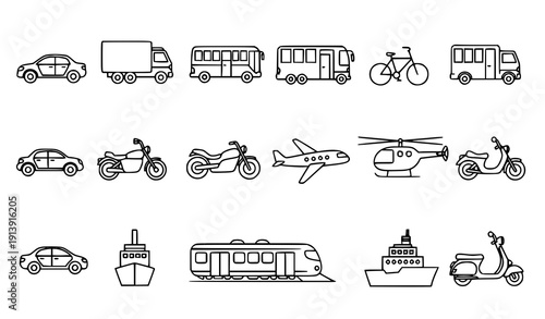 Minimalist Transportation Vector Icon Set Hand Drawn Vehicles Collection