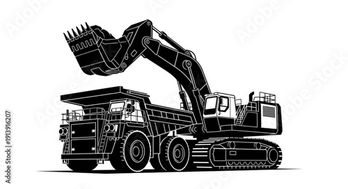 Detailed black and white illustration of a heavy machinery excavator truck.