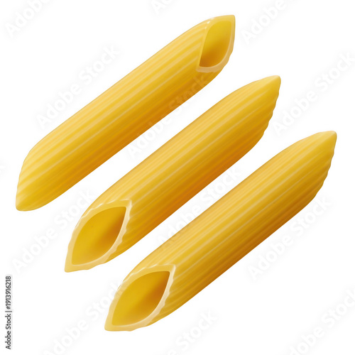 Three penne pasta isolated on a transparent background