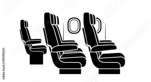 Three airplane seats in a row with a window.