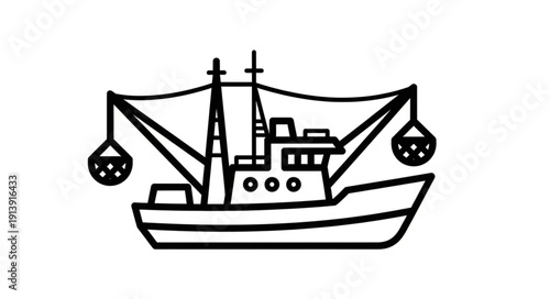 Simple black and white line drawing of a fishing trawler.