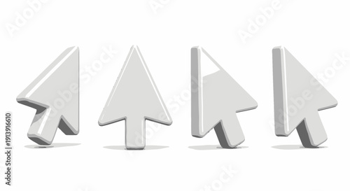 White cursor arrow 3D render illustration, computer pointer icon, mouse click symbol, navigation element, digital interface, web button, isolated vector, online action, interface design graphic