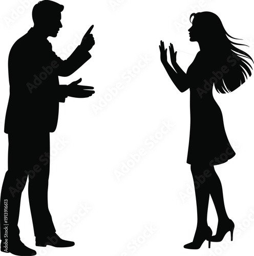 Silhouette man and woman in confrontation, intense discussion, argument gesture, communication conflict, interpersonal tension, expressive drama, relationship illustration, emotional design