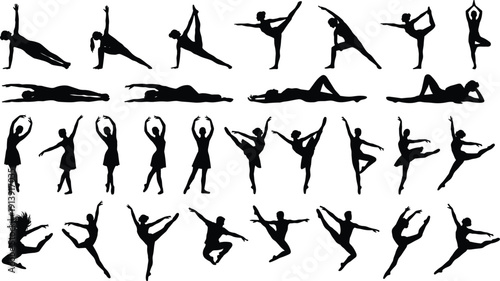 Collection of dance and yoga silhouettes, graceful ballet dancers, athletic stretching poses, black isolated figures, fitness movement set