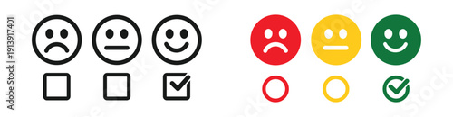 Customer satisfaction rating icons set with red sad face yellow neutral face and green happy face color coded feedback symbols for surveys reviews and user experience feedback collection.