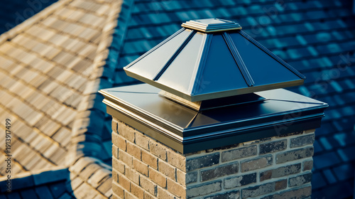 A close-up of a chimney with a decorative top set against a background of a roof with shingles