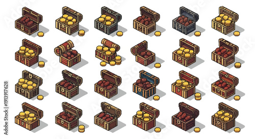 Pixelated Treasure Chests with Gold Coins.