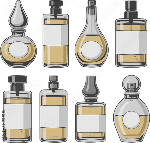 Isolated a kinds of deferent realistic Perfume glass tester vial with blank paper cover for you design template. vector art white background.