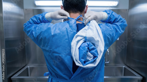 Surgeon gown untied blue protective gown being adjusted in clinical prep area with gloves