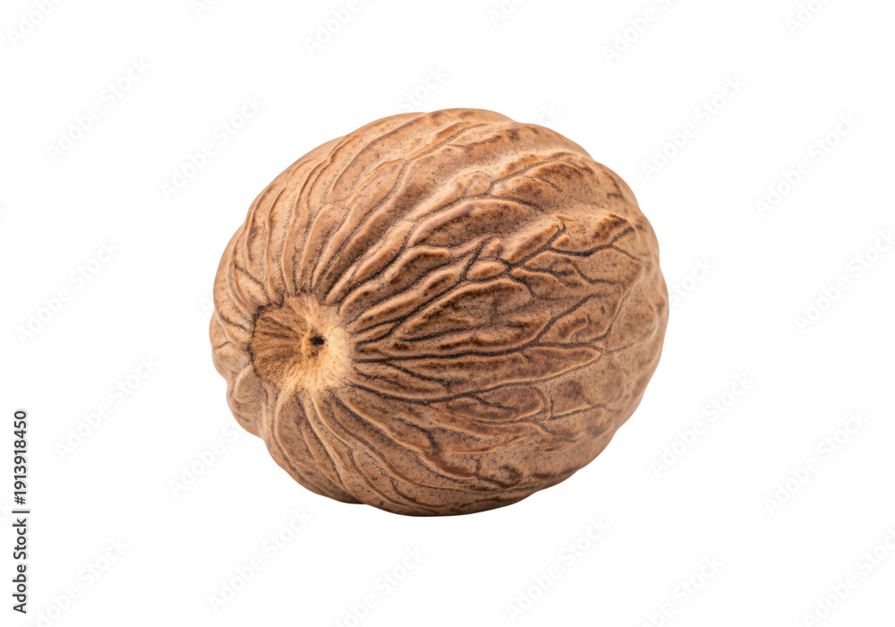 Fototapeta premium A whole nutmeg seed with a brown, wrinkled surface against a white background. isolated on transparent background