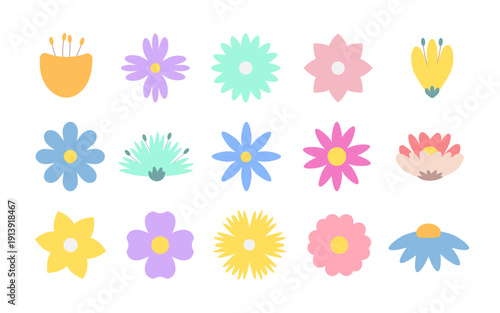 Abstract Flowers Set Flat Naive Simple Style. Vector Origami Trendy Flowers Icons. Floral Minimal Geometric Botanical summer Elements Design set, natural bloom petal. Spring Garden Stickers.