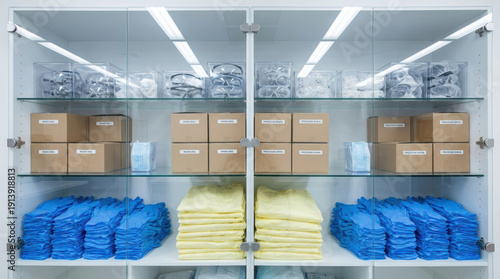Sterile medical supply cabinet stocked with gloves, gowns, masks and protective eyewear in organized storage