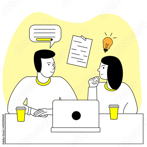 A woman and a man decide on work issues. Dialogue and the desire for mutual understanding between two people