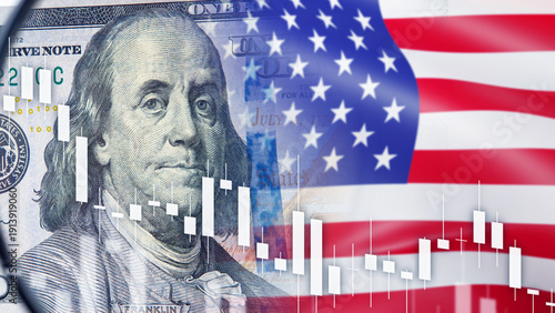 Financial markets, US economy. Dollar banknote with American flag and candlestick chart reflects currency fluctuations, inflation trends and monetary policy impact on investment climate.