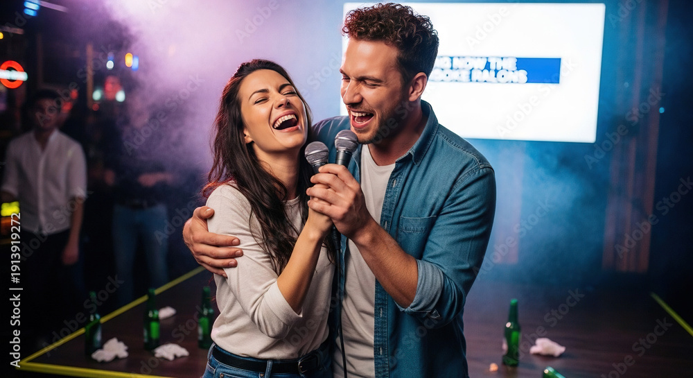 custom made wallpaper toronto digitalCouple singing together in a dimly lit bar setting