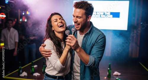 Wallpaper Mural Couple singing together in a dimly lit bar setting Torontodigital.ca