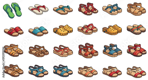 Collection of Various Sandals and Flip Flops.