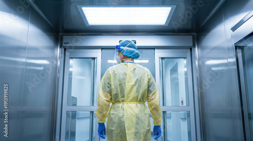Medical worker protective gown and gloves walking toward hospital elevator doors with clinical lighting and reflective walls conveying