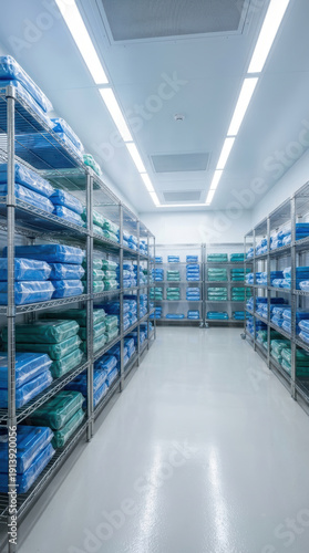 Sterile storage room with metal shelving stocked with neatly wrapped blue and green surgical linens, bright overhead lights convey calm efficiency