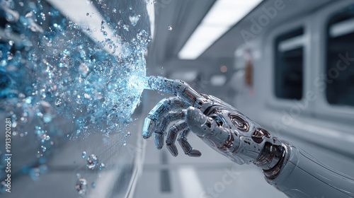 Robotic hand water splash futuristic technology metal fingers digital interaction artificial