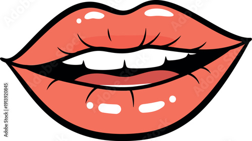 Vector illustration of glossy red lips biting with teeth, pop art style, isolated on white background