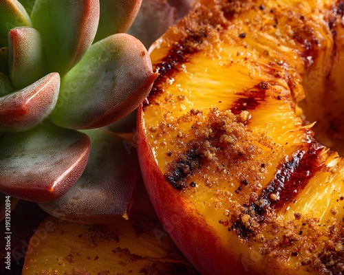 Botanical study of succulent's turgid epidermis and caramelized fruit slice.