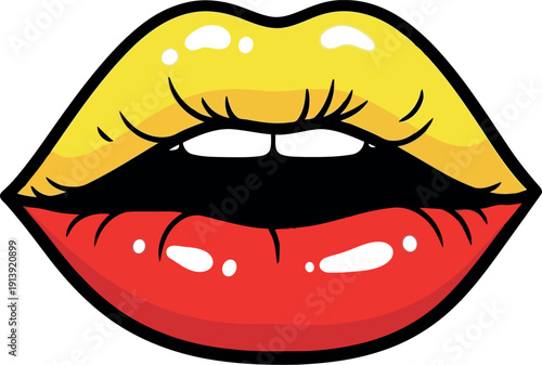 Pop art style lips illustration with yellow and red color, sensual cartoon mouth vector graphic