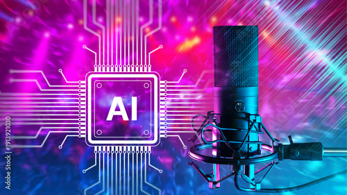 Audio production, AI sound processing. Artificial intelligence cleans and enhances voice recording, reducing noise and improving audio quality during studio sound capture.
