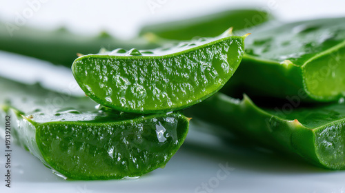 Aloe vera leaf slices with fresh gel showing natural healing and moisturizing properties