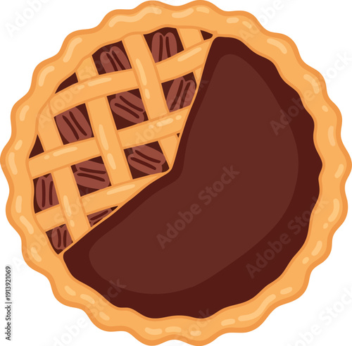 Vector illustration of chocolate pie with lattice crust and slice missing, isolated on white background