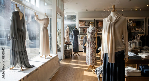 Woman adjusting dress on mannequin in a modern boutique