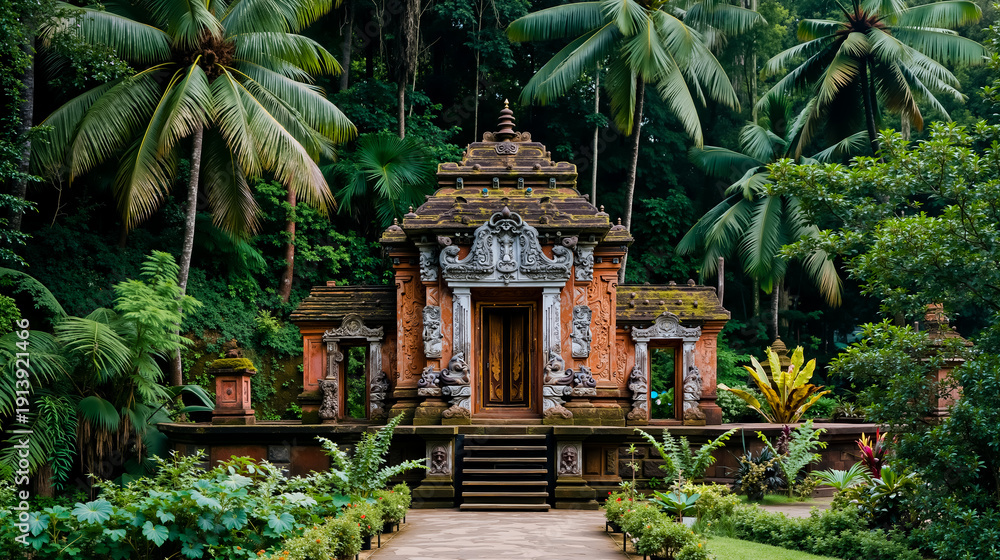 Obraz premium A small temple with intricate carvings and a pointed roof surrounded by lush greenery and tropical plants