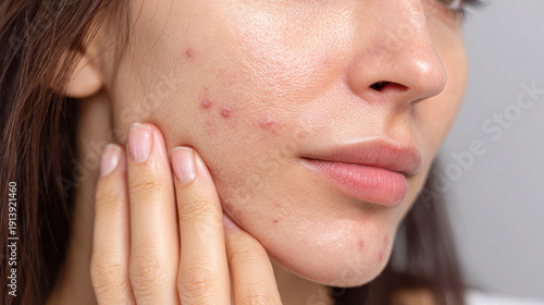 Acne on cheek of young woman with natural skin texture and hand touching face