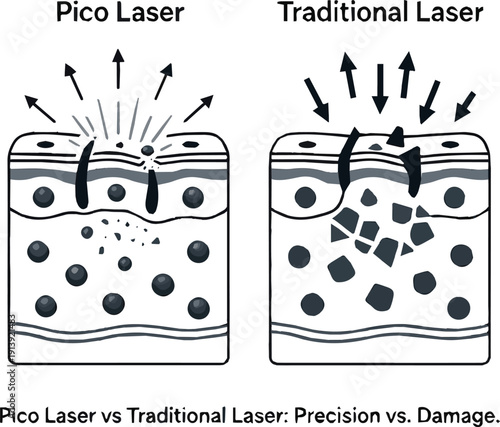 Isolated a realistic Pico laser vs traditional laser pigment breakdown comparison vector art with white background.